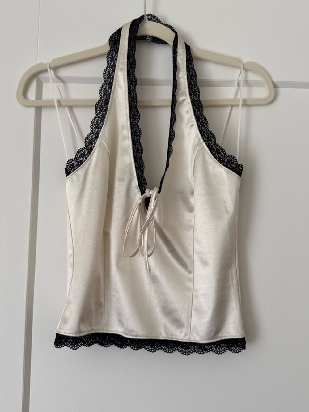 Silky Cream Halter Top with Black Lace Trim